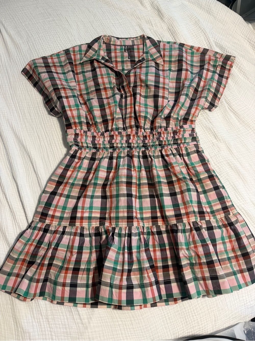 Anthropologie Short-Sleeve Plaid Mini Dress in Pink, Green, Brown